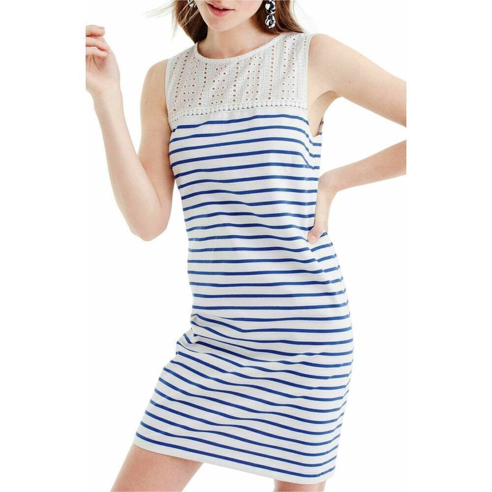 J. Crew Nautical Eyelet Blue & White Striped Sleeveless Dress Size Medium New